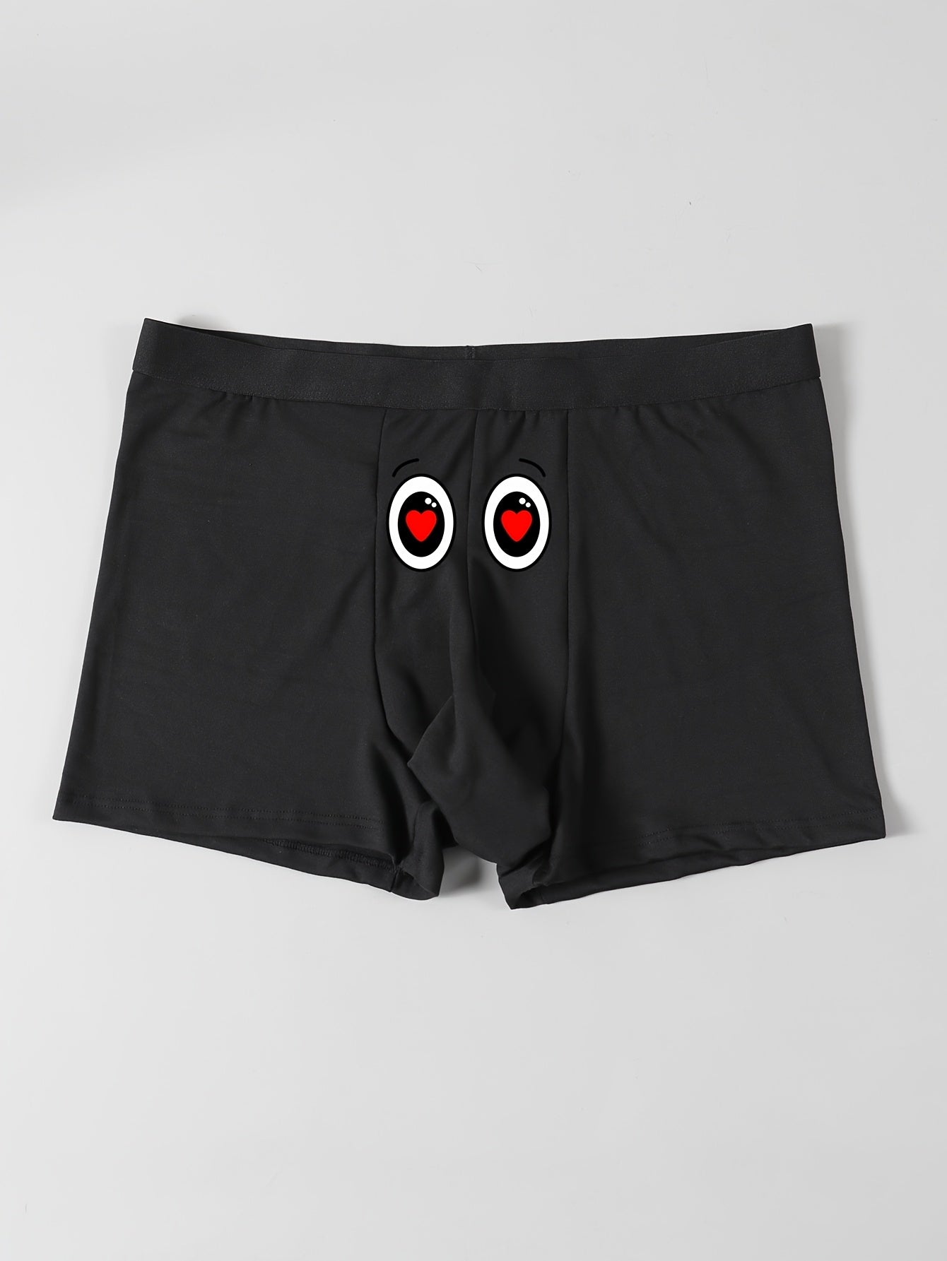 Men's Novelty Boxer Briefs with Red Heart Eyes Print, made of 95% knit polyester and 5% elastane, featuring a skinny fit and medium stretch for casual wear.