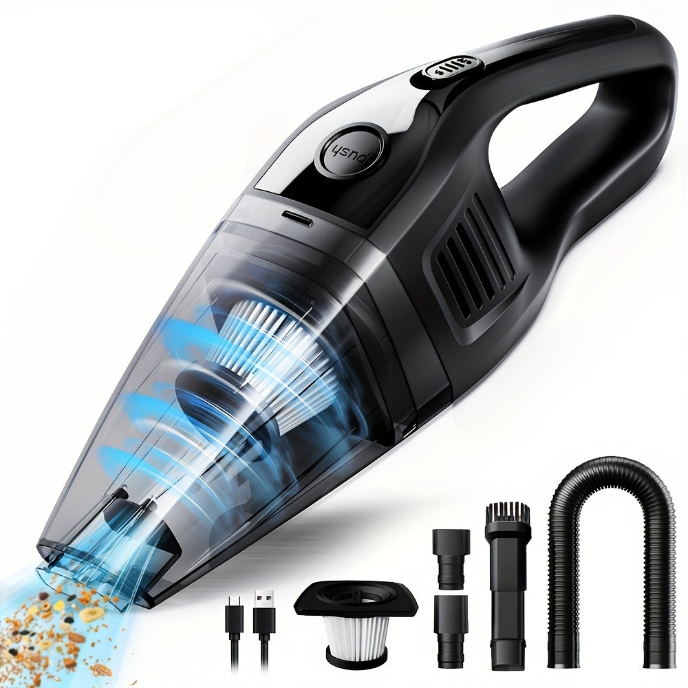 Portable vacuum cleaner with strong suction power, USB rechargeable, suitable for home, car and office use, comes with various accessories.