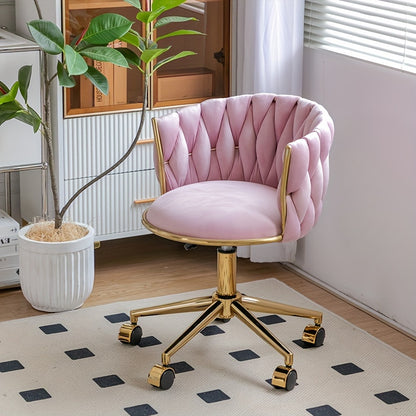 Golden Velvet Swivel Vanity Chair with Woven Backrest - Adjustable Height, 360° Rotation, 5-Wheel Base for Smooth Rolling, Cream Upholstery, Ideal for Home Office, Dressing Table, Salon