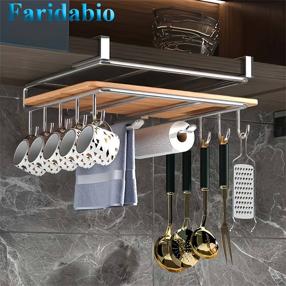 Stainless steel cabinet organizer with hanging rack for cutting board and kitchen essentials.