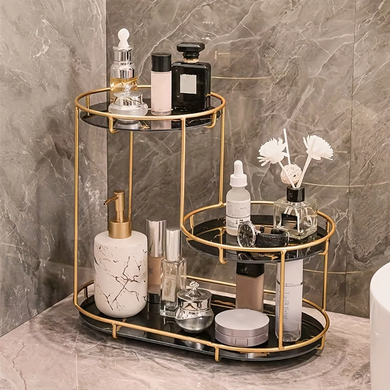 Stylish metal bathroom organizer for cosmetics and toiletries with multiple tiers and display shelf.