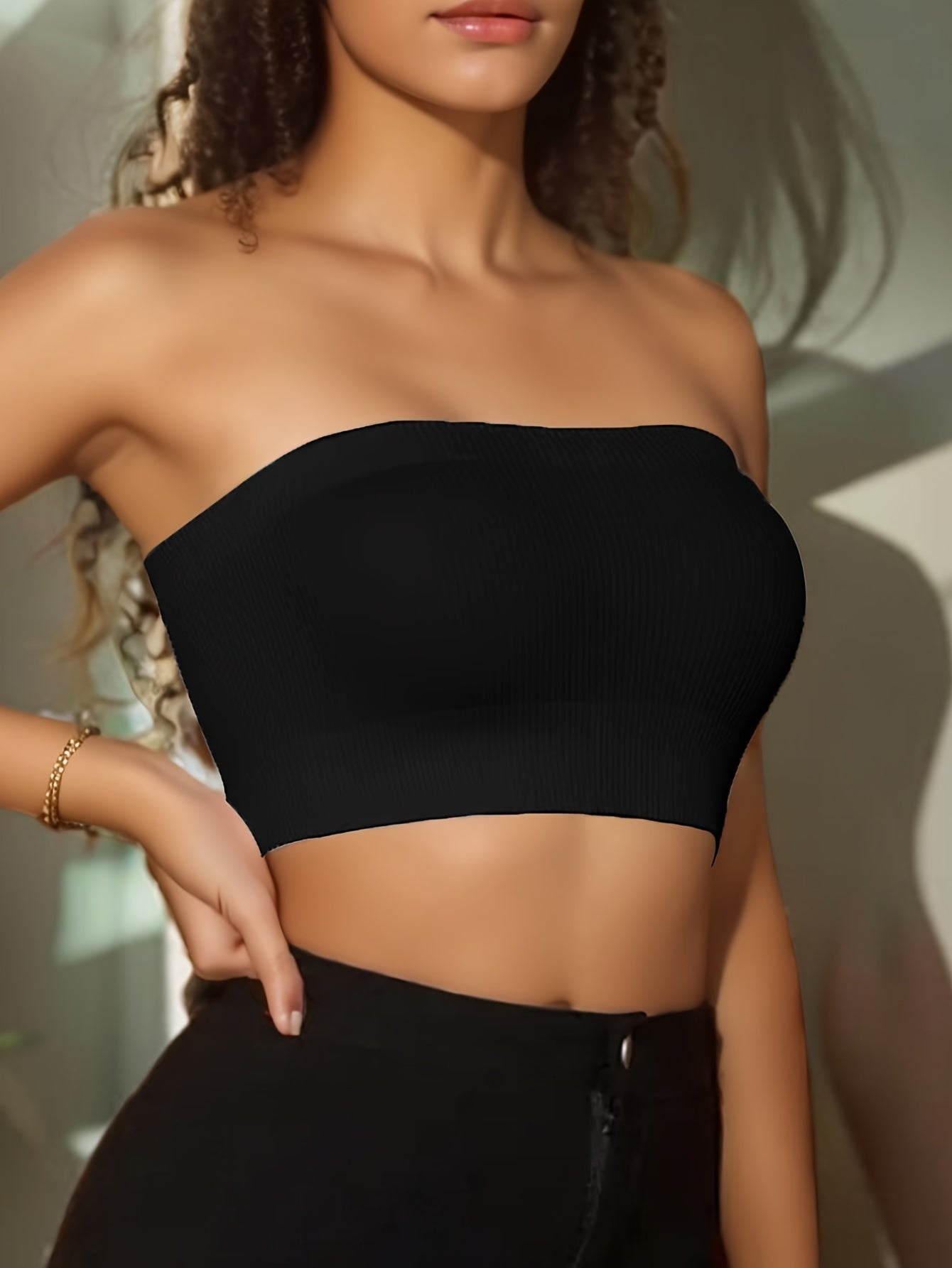 Seamless strapless bandeau bra for women with comfortable, breathable nylon blend and no-pads, perfect for casual attire.