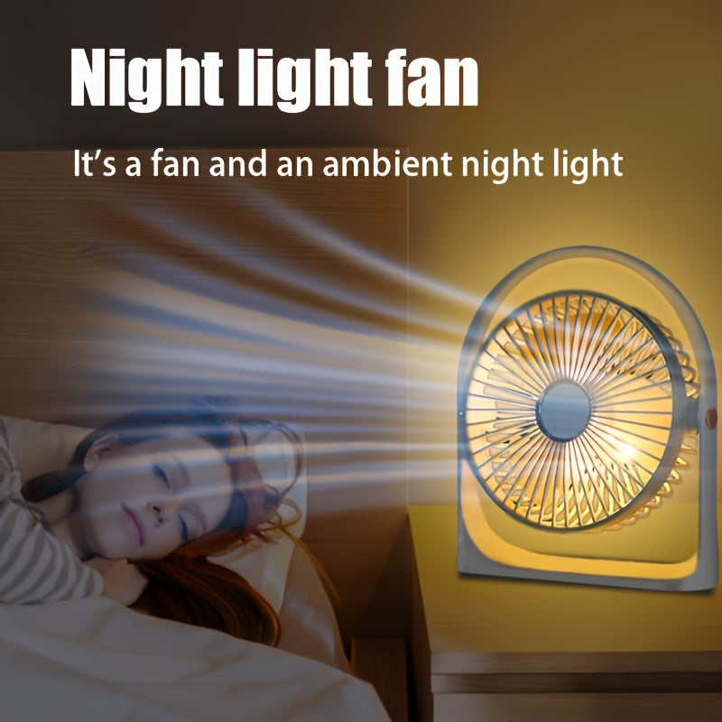 Rechargeable Portable USB Desk Fan with LED Night Light - Features Long-Lasting Battery, 5 Speeds, Quiet Operation - Ideal for Home, Office, Bedroom, Kitchen, Outdoor Camping & Fishing