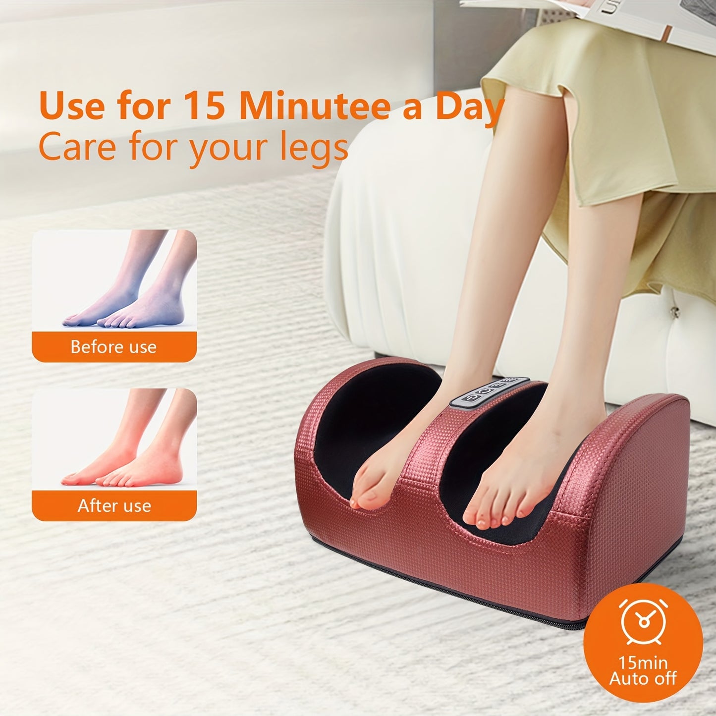 Red foot massager with heating function and multiple massage modes, family-friendly design for feet, 220V plug-powered with thermoplastic elastomer material.