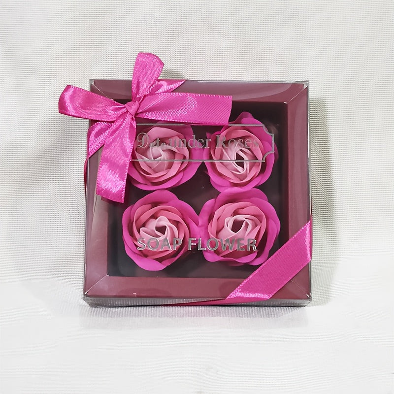 Gift box with 4 artificial rose soap flowers, ideal for Valentine's Day, Mother's Day, Christmas, or weddings.