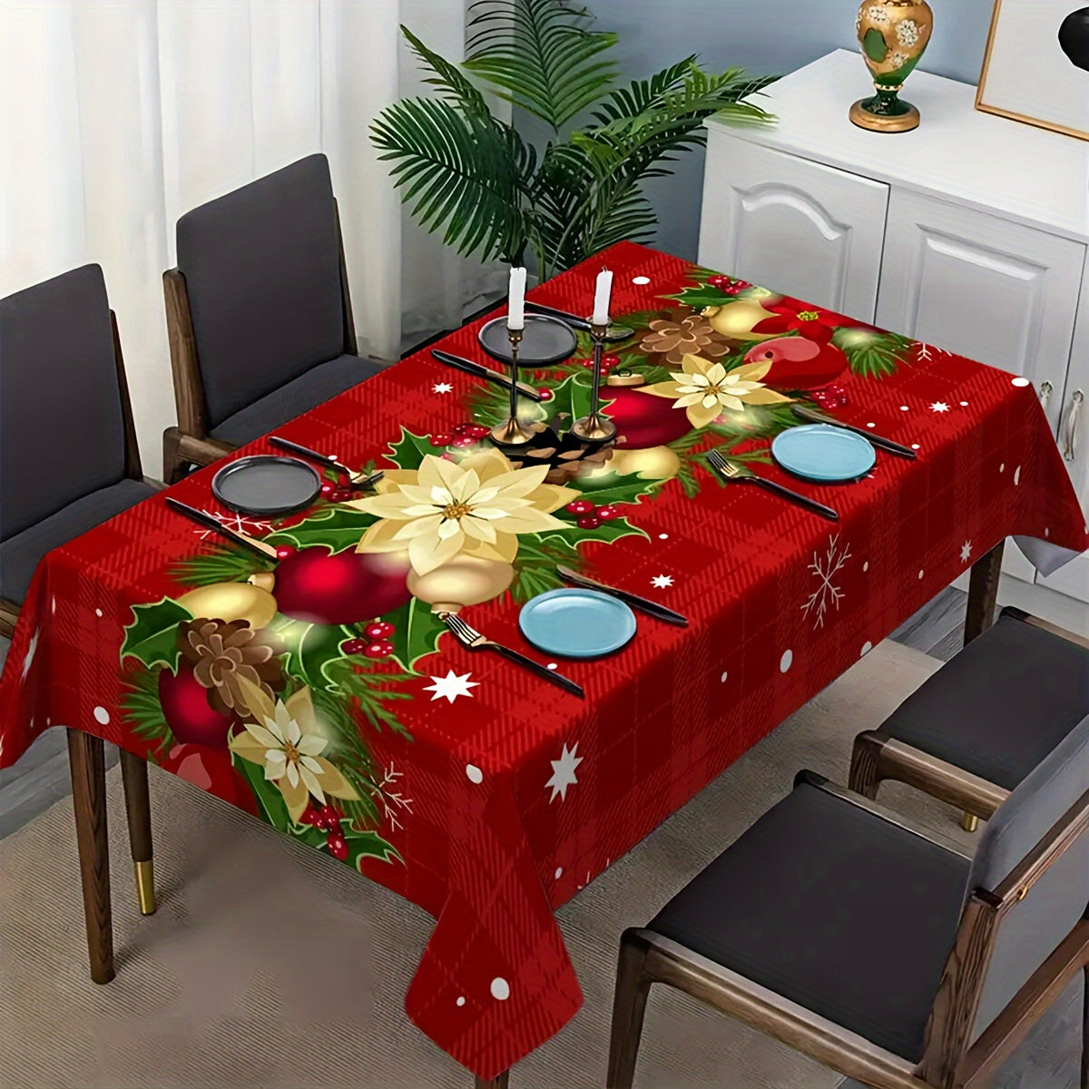 Stain-resistant party tablecloth with festive holiday design, machine washable and easy to clean.