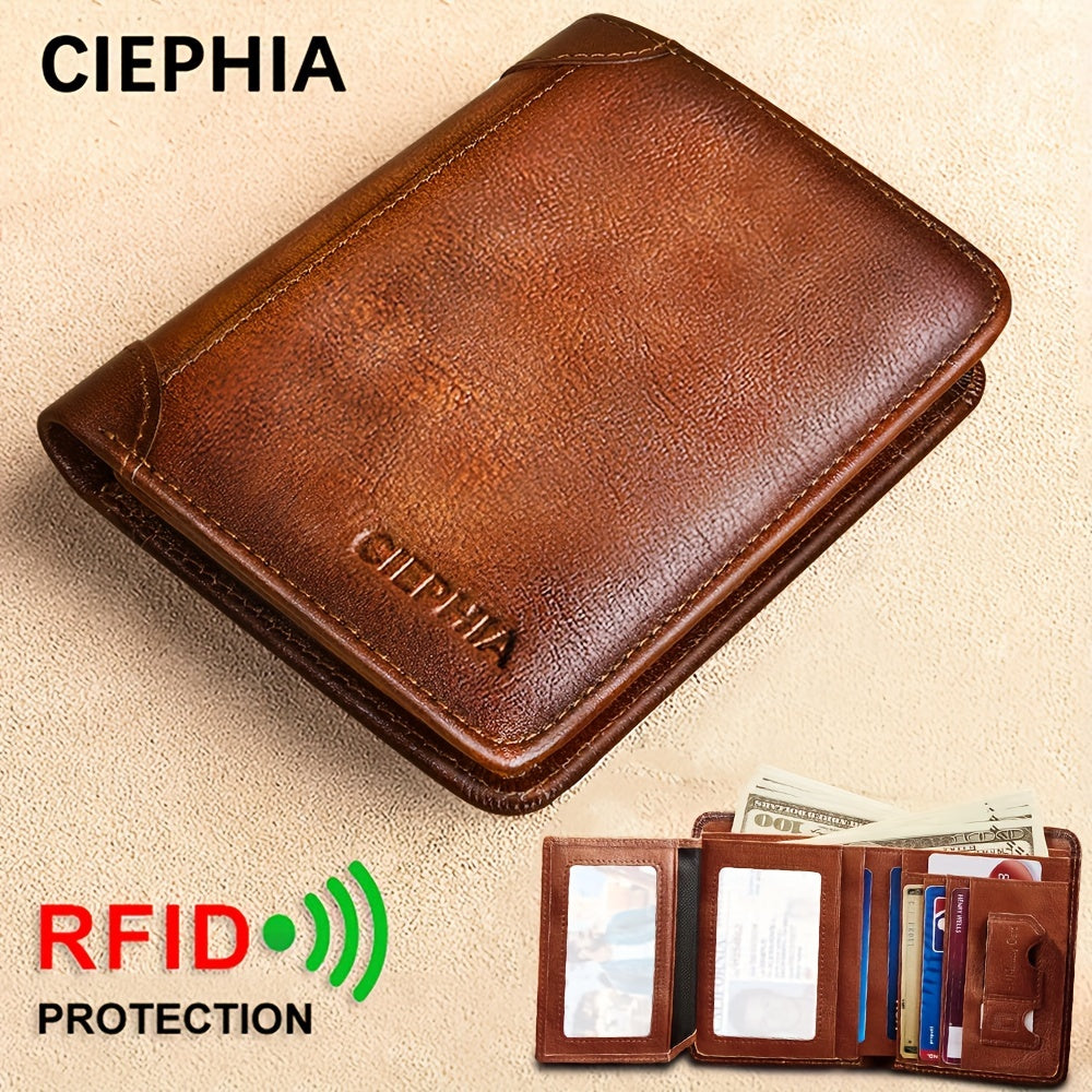 CIEPHIA Vintage Genuine Leather Wallet for Men, RFID Blocking, Deep Brown with Embossed Logo, Ideal Valentine's Day Gift