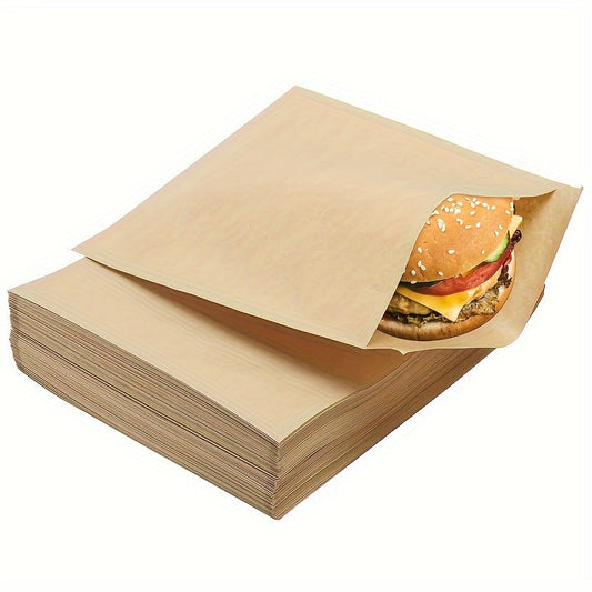 Kraft Paper Bags in EcoWrap Pack of 50/100, Available in 3x5/4x6/6x9/10x13 Inch, Oil-Proof and Food Grade, Square Shape, Dishwasher Safe, Plain Design for Biscuits, Sandwiches, Snacks, Popcorn, and Small Gifts.