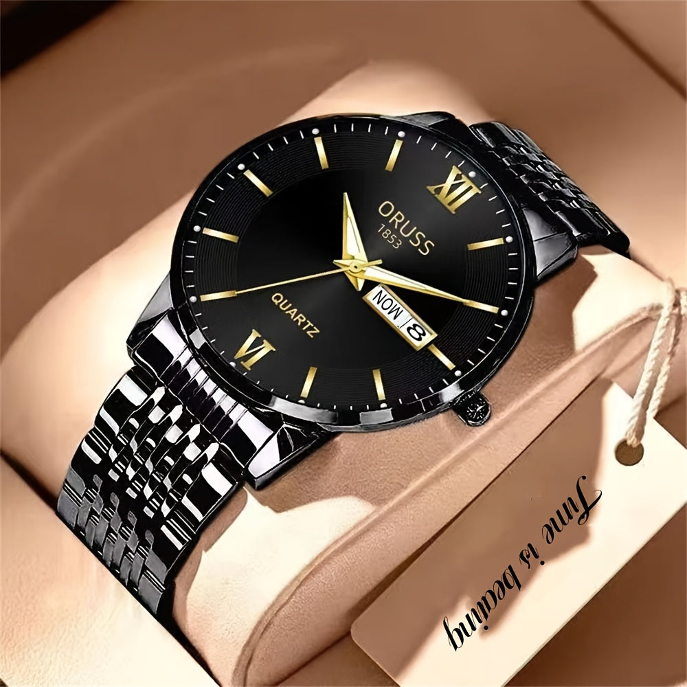 High-quality waterproof men's watch with glow-in-the-dark features and a calendar, perfect for the modern man looking to stay on trend in 2022. This steel watch is a stylish and practical gift option.