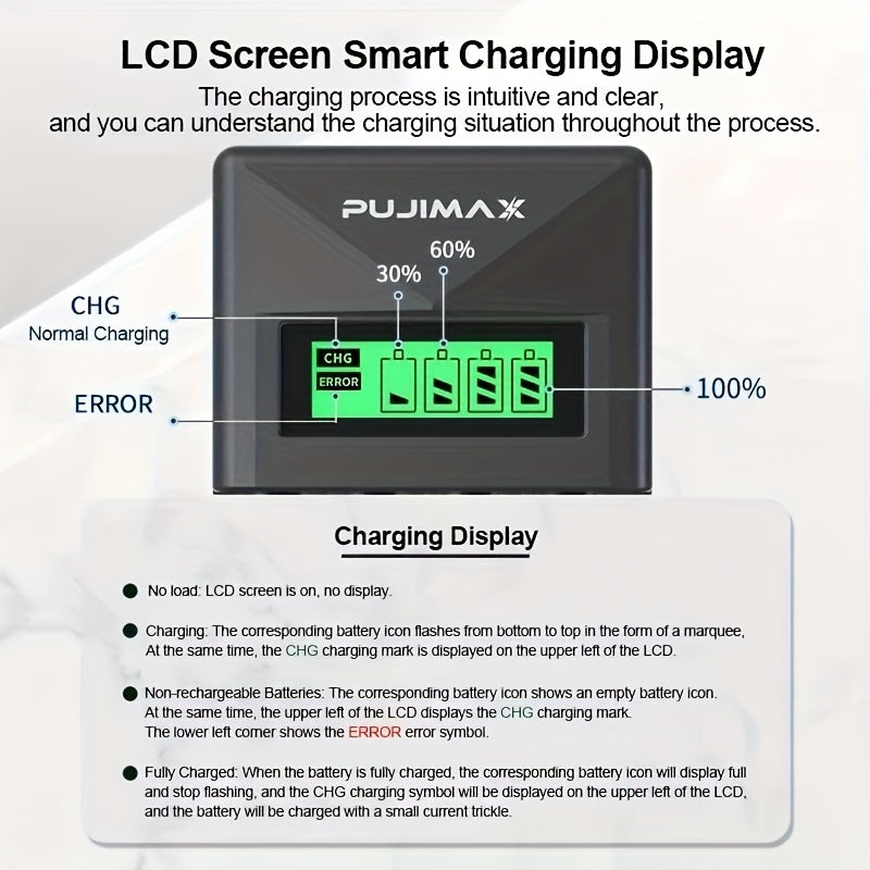 PUJIMAX USB Smart Battery Charger with 4 independent slots and LED display for fast charging of AA/AAA Ni-MH/Ni-CD batteries. Durable design, batteries not included.