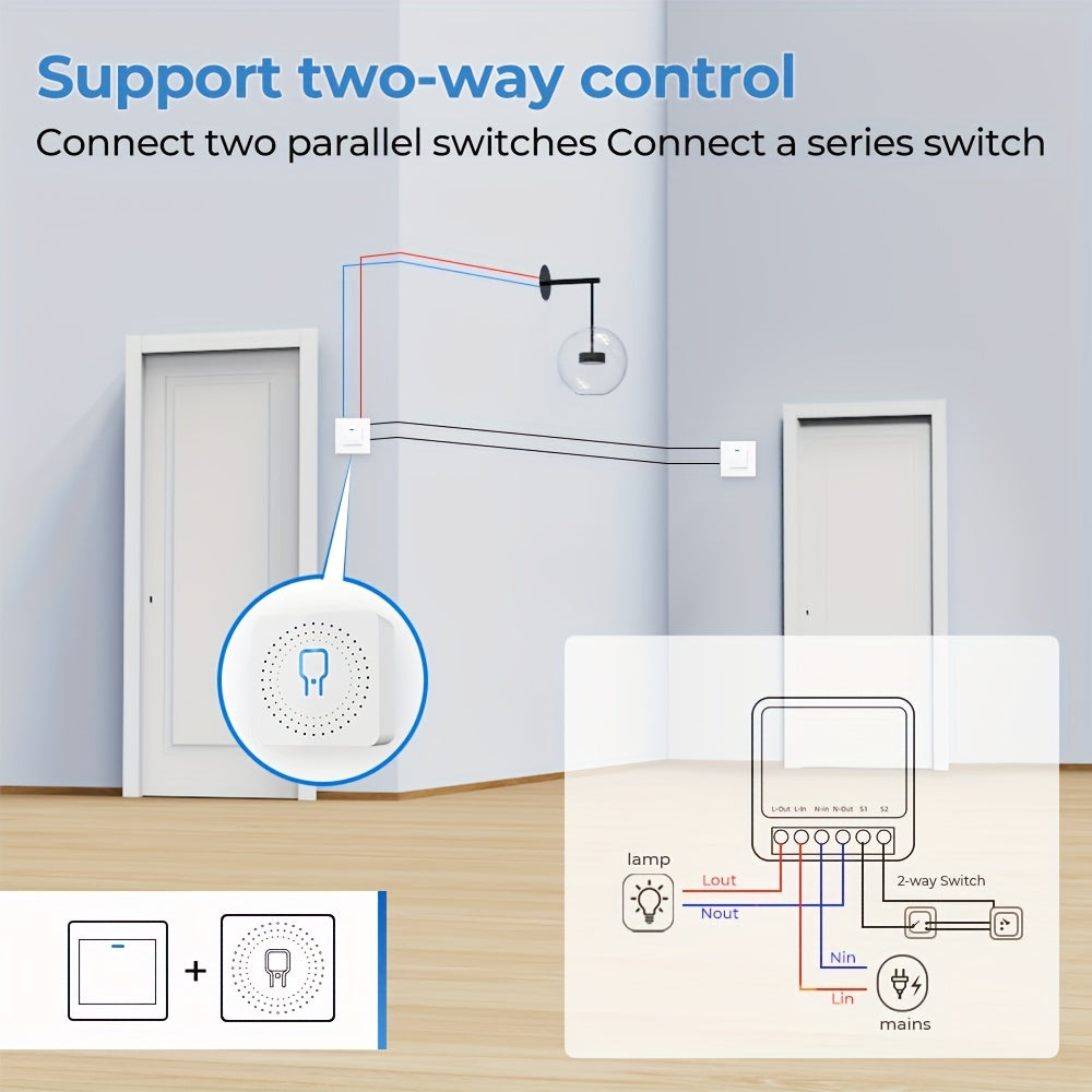 DIY 16A Power Switch Module with WiFi, ZigBee, Tuya app, voice control, 2-way power control, 110V/220V, app controlled, flush mount, for electronics - no battery needed.