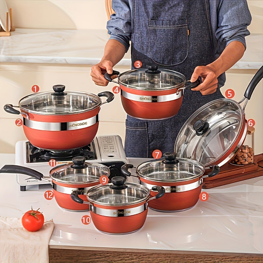 This set includes 12 pieces of stainless steel cookware: 4 pots, 1 frying pan, 1 milk pot, and 6 lids. The pots have a thickened composite bottom for uniform and fast heat conduction. They are suitable for use at home, in accommodations, while dining, or