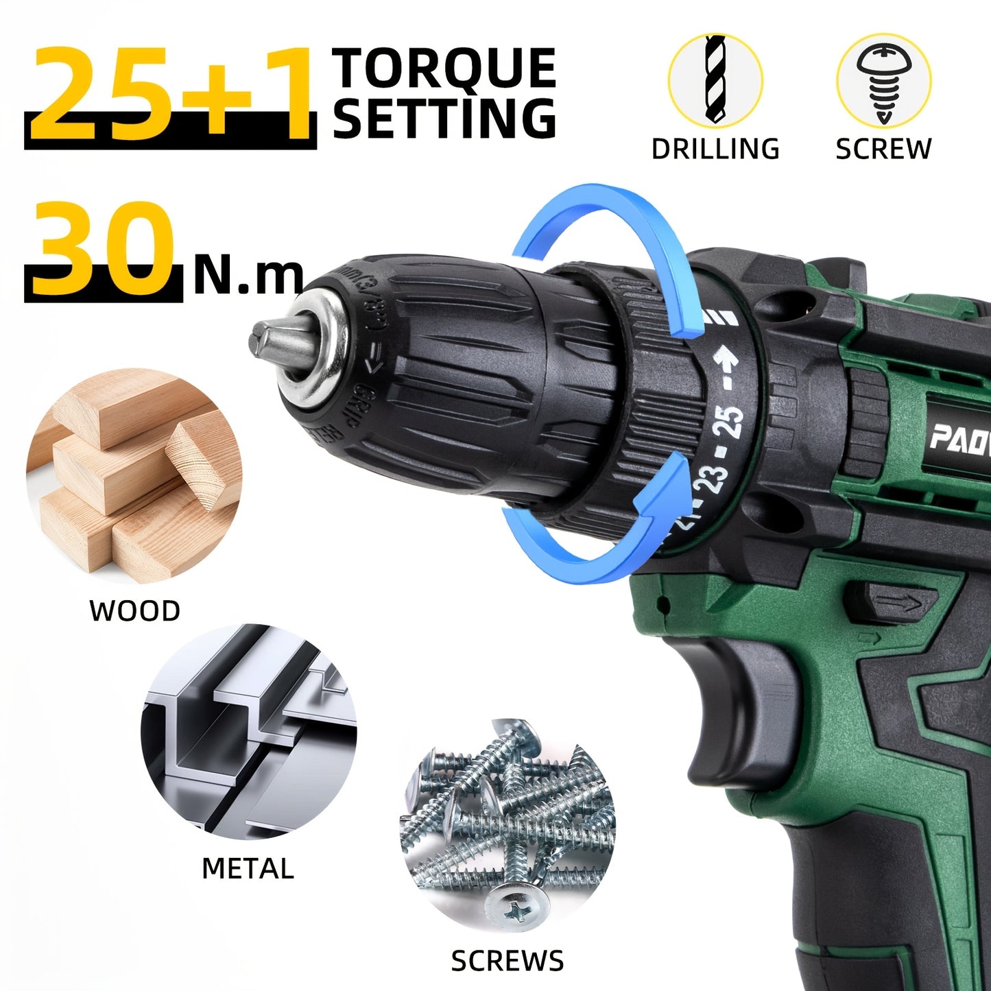 21V Cordless Drill with rechargeable battery, 2 speed settings, 25+1 torque, 24 accessories, LED light, for DIY, home, and garden use.