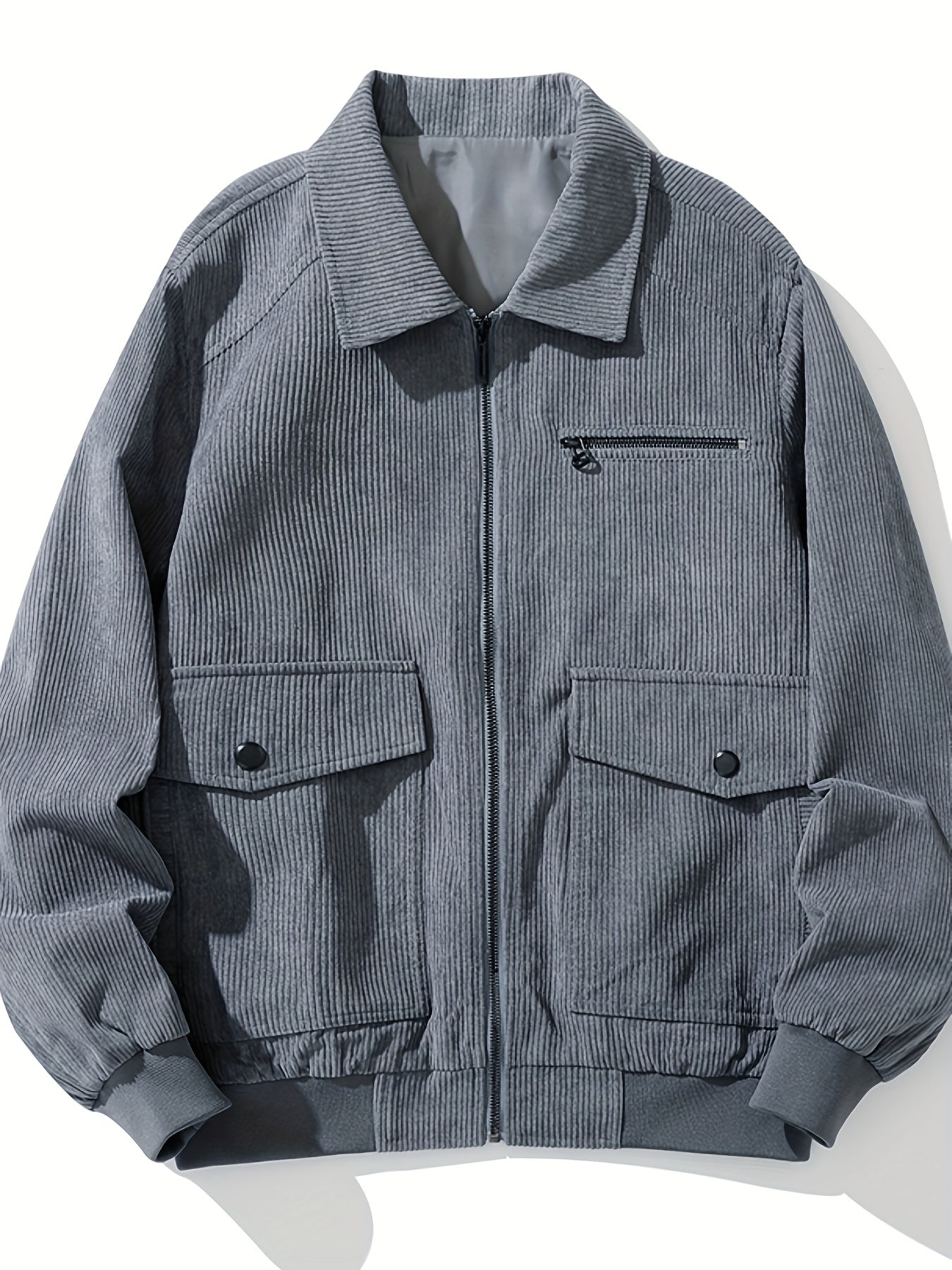 Men's Corduroy Jacket with Pockets, Casual Lapel, Zip Up, Long Sleeve, Outdoor Outwear