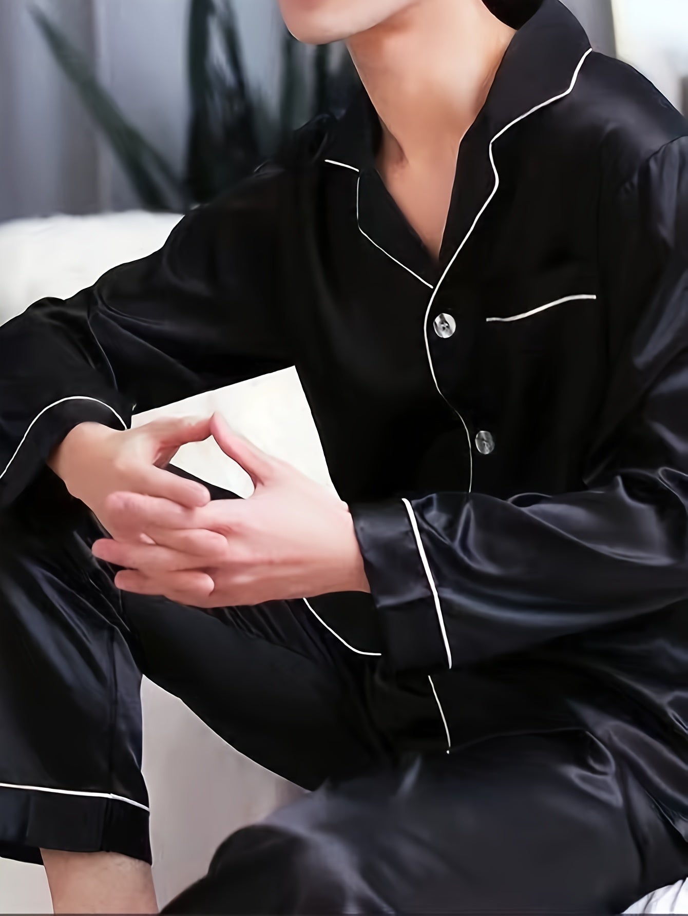 Men's casual pajama set made from large size ice silky fiber fabric, including long sleeve button pocket shirt top and trousers. Suitable for outdoor and home wear in spring, autumn, and