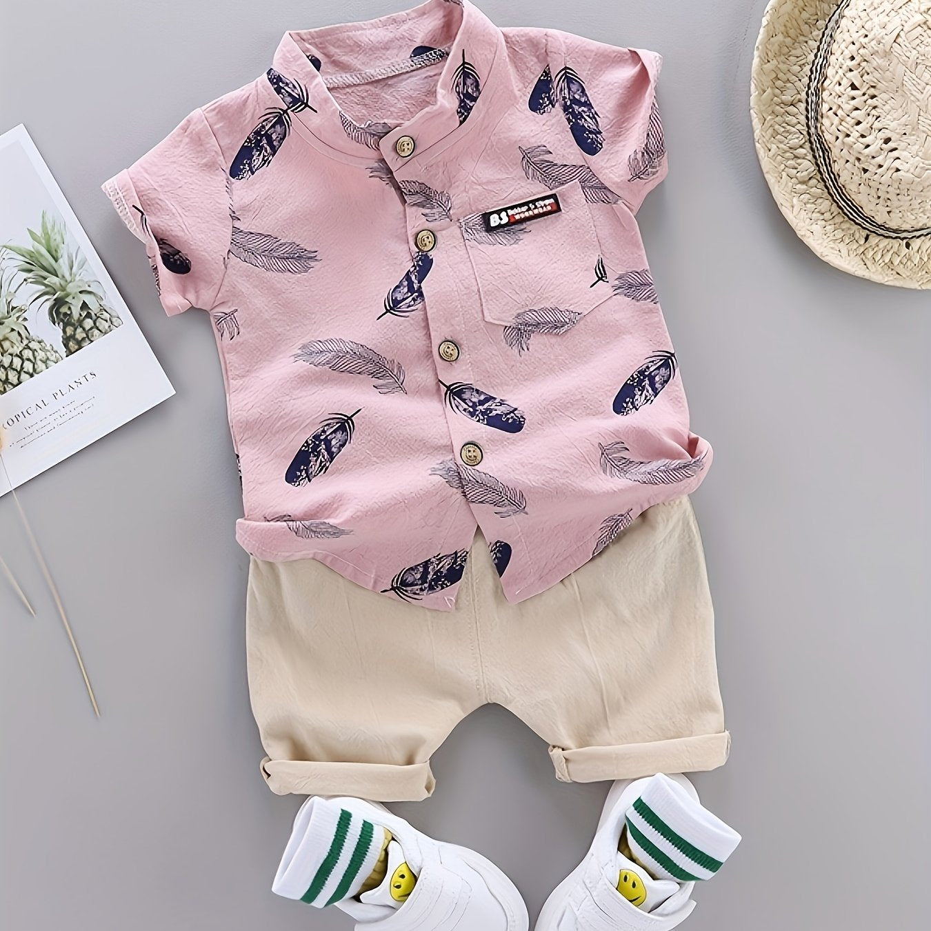 Baby boys' casual feather pattern shirt and shorts set for outdoor wear.