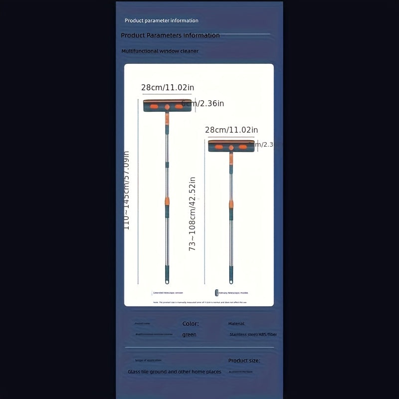 Multi-Purpose Window Cleaner in Green with Adjustable Handle - Made of Stainless Steel & ABS, Perfect for Cleaning Glass, Tiles & Household Surfaces