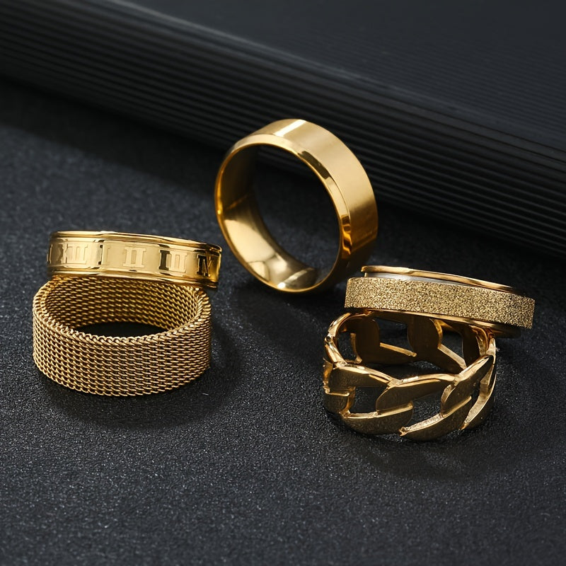 Set of 5 fashion stainless steel rings, featuring simple golden rotatable designs and hip hop hollow out styles. Perfect for a Christmas gift.