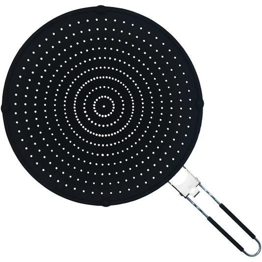 Silicone splash guard for frying pan, 31.75cm size, multi-purpose grease splatter guard, heat resistant and food safe. Oil-proof design with folding handle for easy use. Doubles as a pan cover, heat insulation cooling pad, filter, and drain board.