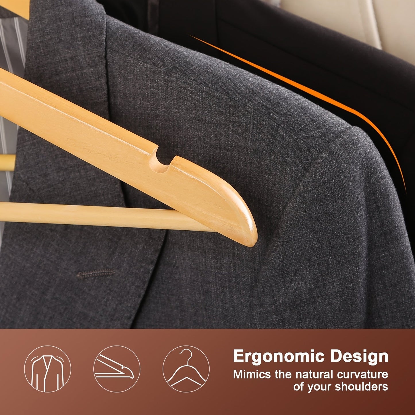 Set of 20 Non-Slip Wooden Clothes Hangers Featuring Grooves, Made from Solid Wood - Ideal Drying Rack for Wardrobes, Bedrooms, and Clothing Stores. These Anti-Deformation Traceless Standard Hangers are designed for Household Space Saving Storage, perfect