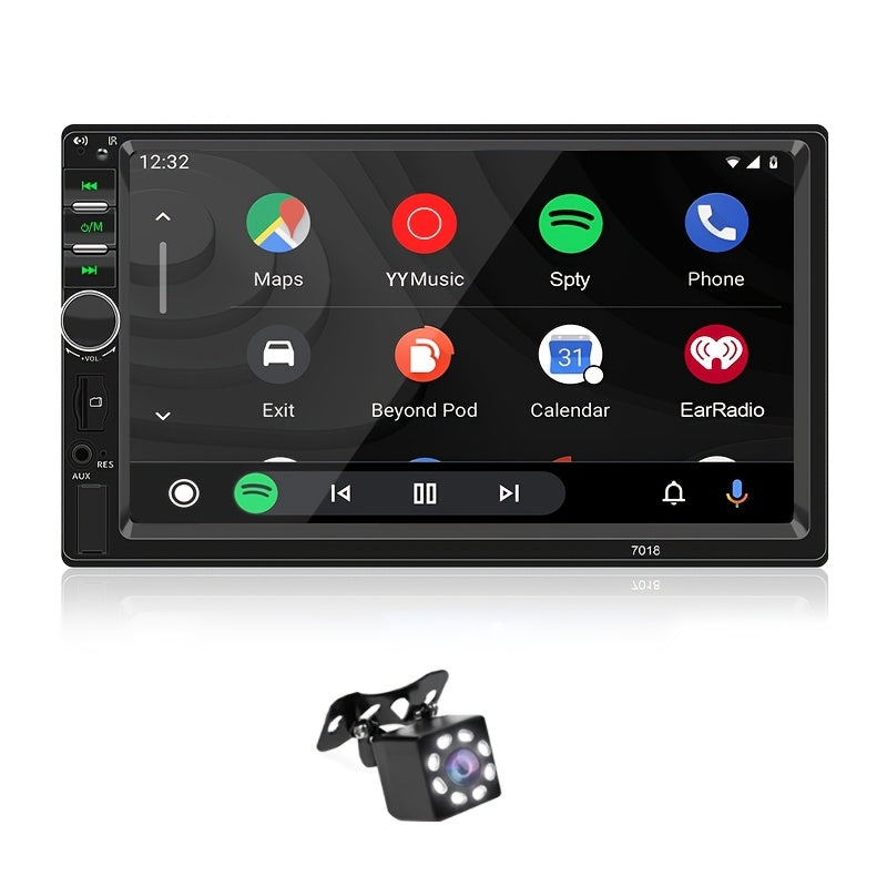 Car MP5 radio with CarPlay and AndroidAuto support, 7-inch HD touch screen, MirrorLink connection for phone mirroring, GPS navigation, wireless multimedia player, optional reverse camera