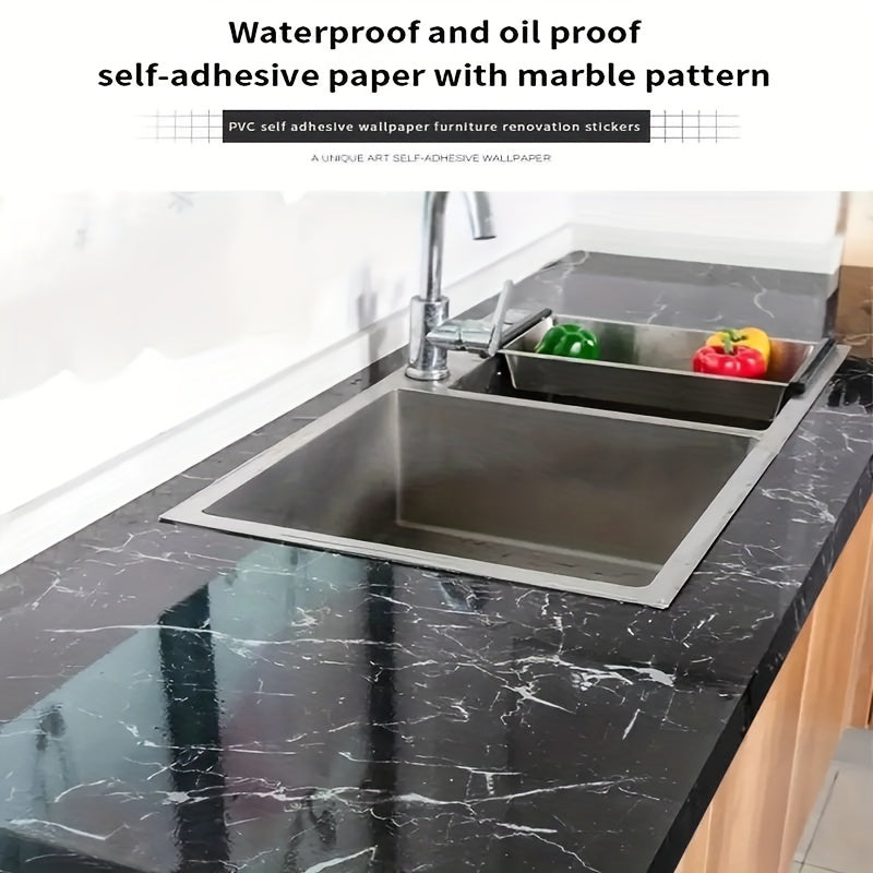 High-end Self-Adhesive Wallpaper in Black Marble - Resistant to Water, Oil, and Heat, Effortless Peel & Stick for Kitchen, Furniture, and DIY Projects.