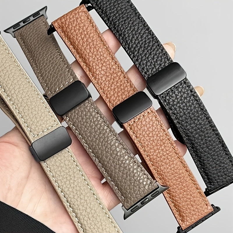 Litchi-patterned patent Apple Watch strap with magnetic buckle, water-resistant, iron clasp - Compatible with Apple Watch SE/S123456789, Beige with Dark Brown accents, Textured woven design