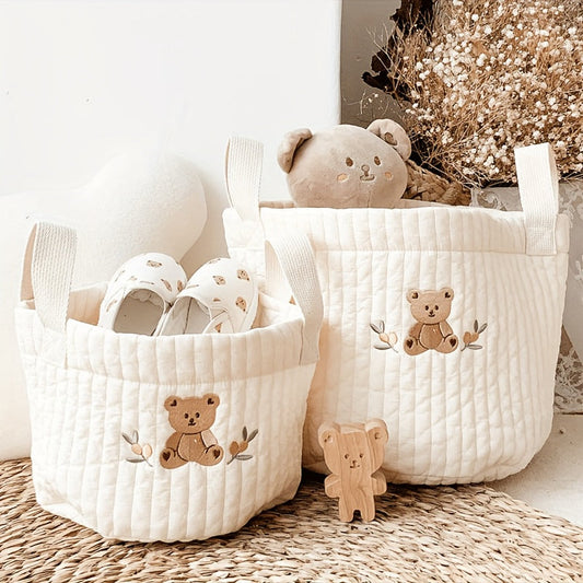 Durable and Foldable Storage Basket with Bear Embroidery - Ideal Organizer for Diapers, Clothes, Toys, and Bedding - Perfect for Multipurpose Use