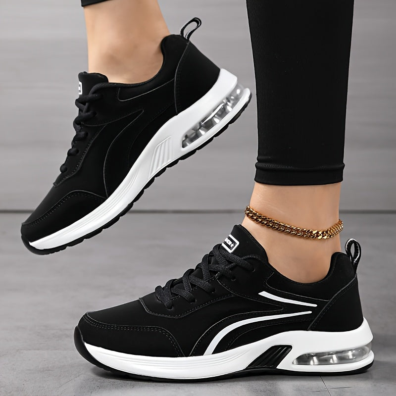 Women's fashion sneakers with non-slip waterproof sole, lace-up design, microfiber upper, and PU sole.