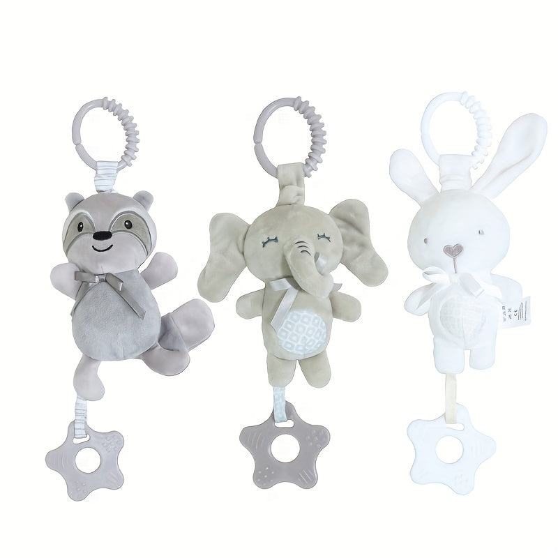 Soft animal sensory toys for newborns and infants, including hanging rattles, car seat toys, crib toys, and stroller toys with crinkle, squeaky, and teether features for boys and girls.