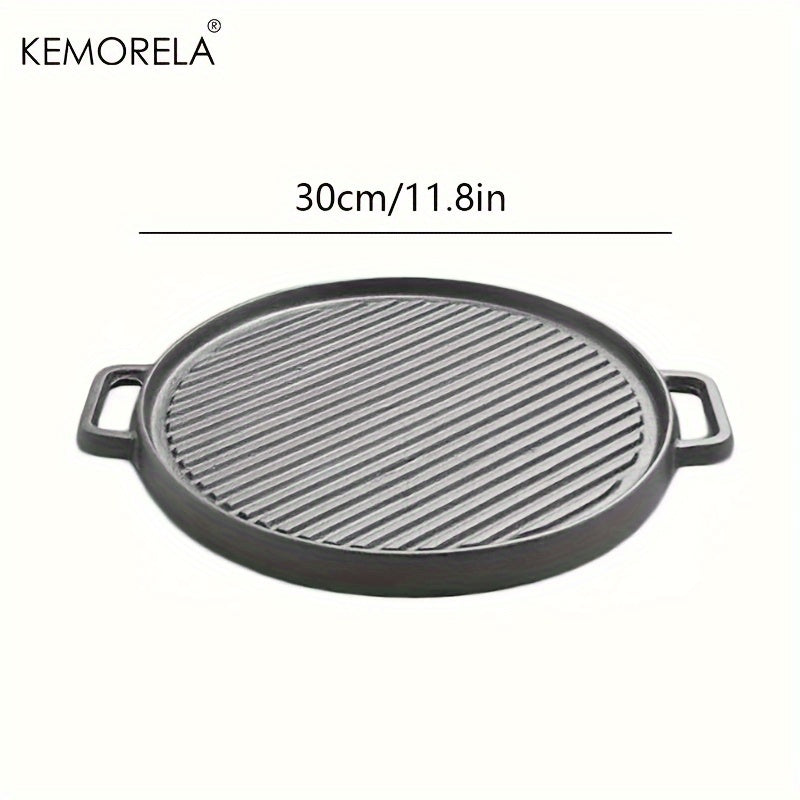 KEMORELA Non-Stick BBQ Grill Pan - Round Cast Iron Steak Plate for Indoor & Outdoor Cooking - Smokeless and Versatile Kitchen Tool