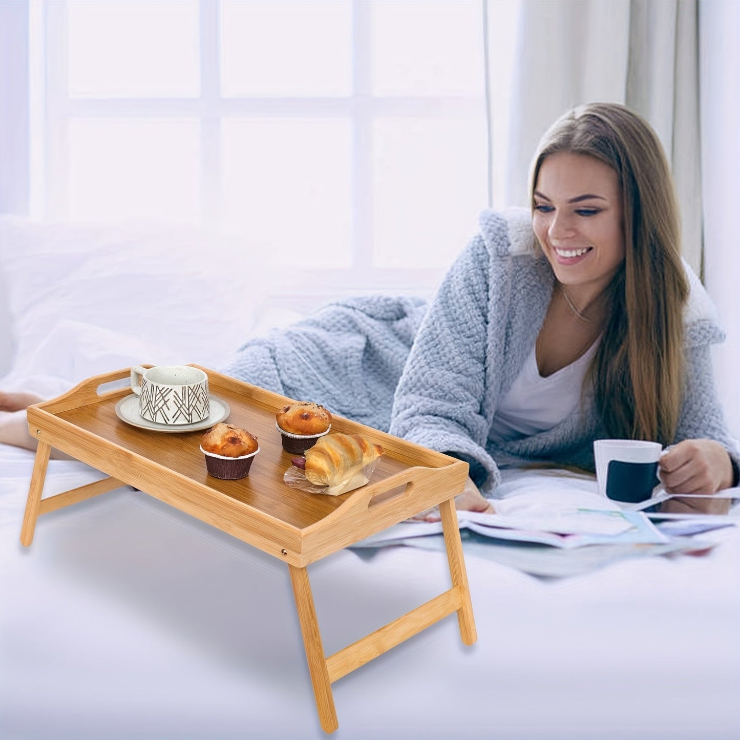 Multifunctional Bamboo Folding Table Bed - Convenient Laptop Desk with Tray & Handles, Perfect for Elderly, College Dorms & Outdoor Spaces