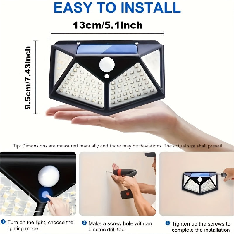 Outdoor security light with 100 LED beads, powered by solar energy and equipped with motion sensor, suitable for garden decoration, garage, and street lighting.