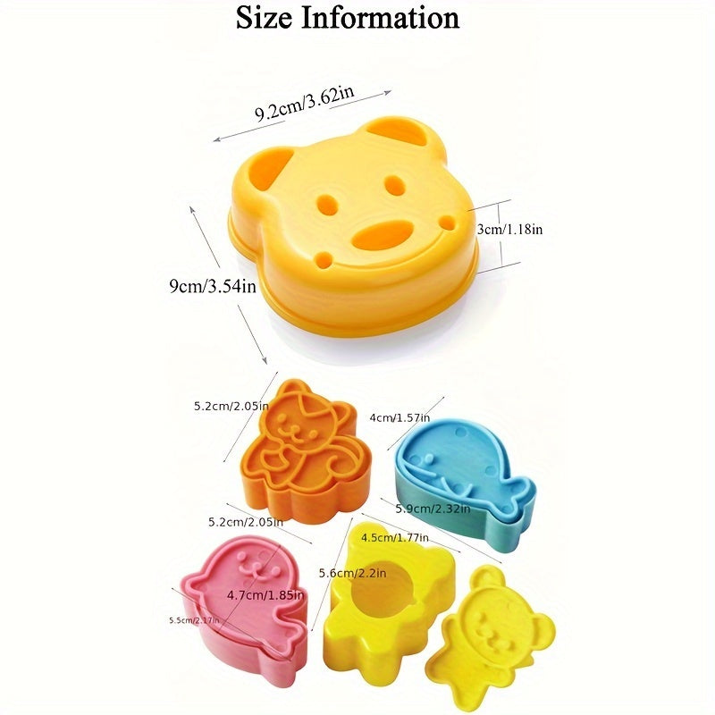 Set of 5 Plastic Sandwich Cutters in Assorted Animal Designs (Bear, Squirrel, Sea Dog), Includes Bread Knife and Baking Mold, Perfect for Bento Lunches, available in various colors, Ideal Kitchen Tool for Kids