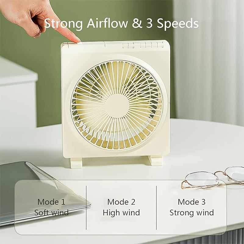 Portable Mini USB Rechargeable Table Fan with Button Control, Made of Durable Plastic Material, Features Built-in Lithium Battery, Ideal for Indoor and Outdoor Use, Comes with Multiple Components.