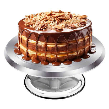 This versatile cake decorating turntable features a golden aluminum alloy surface with an anti-slip plastic base. It can be used for various tasks such as cake decoration, clay sculpting