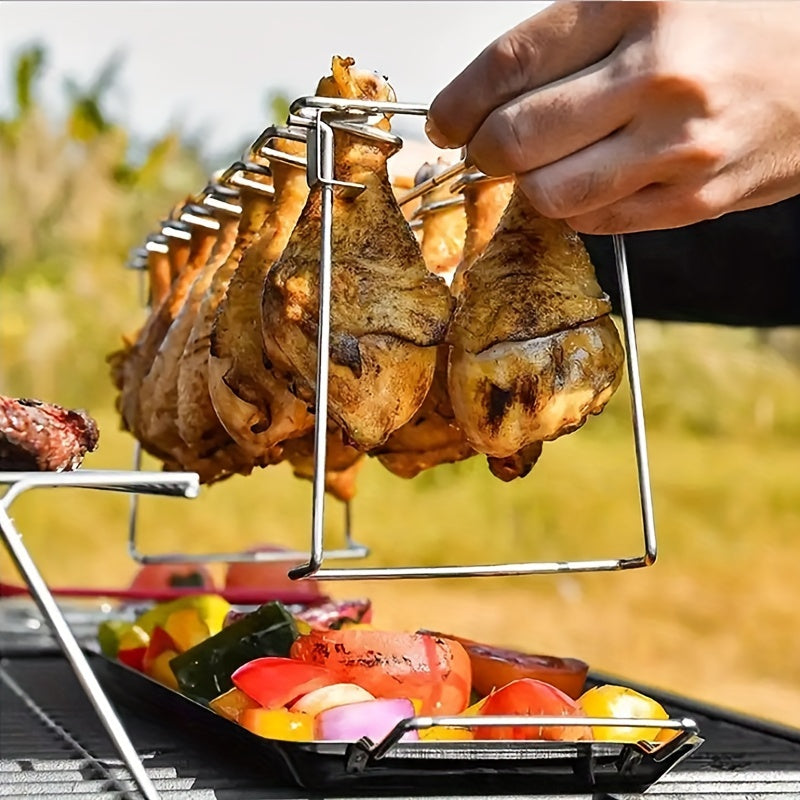 Vertical Stainless Steel Rack for Chicken Legs & Wings - Convenient Foldable Stand for BBQ, Smoker, or Oven - Perfect for Picnics, Camping, and Cooking - Compact Kitchen Tool for Easy Storage