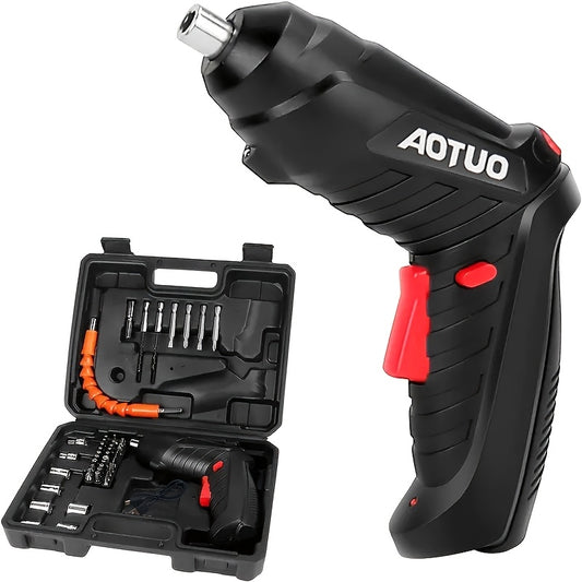 47-piece portable electric screwdriver set with USB charging, 90° folding hand drill, reverse rotation, and lithium battery for home DIY repair.