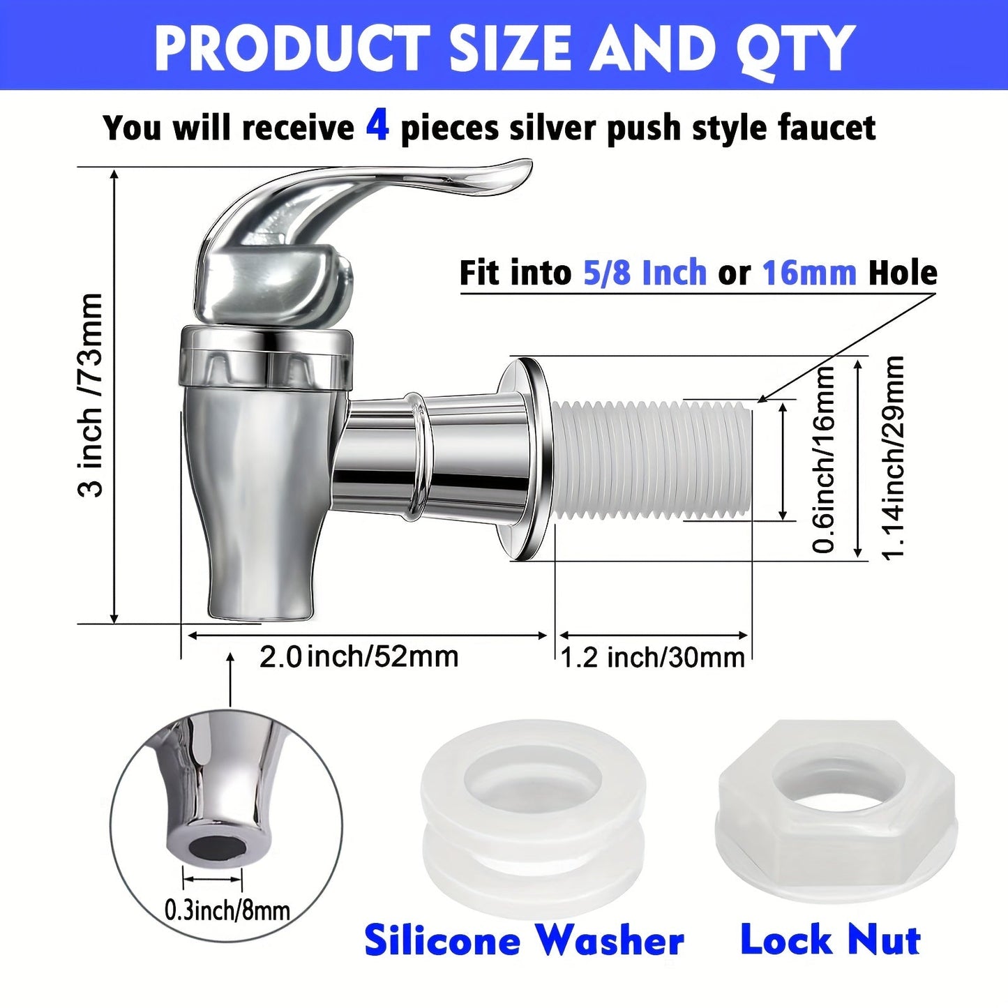 Set of 4 Spigots for Beverage Dispensers - Push Style Bulk Spigots, Replacement Plastic Lever Spout Faucets for Water Coolers. Fits 7.57-18.93 Liter Buckets