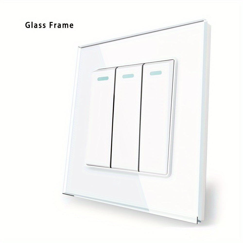 Sleek tempered glass crystal wall switch available in white, gray, and black in 1GANG, 2GANG, and 3GANG options.