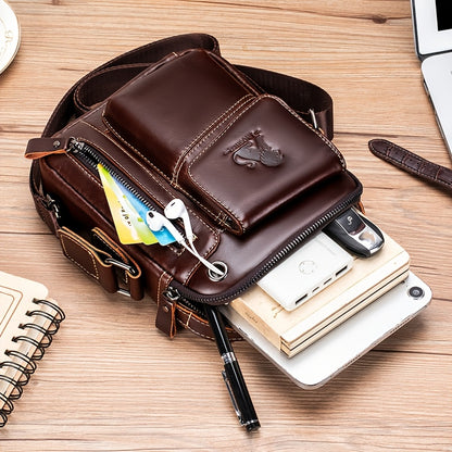 Fashion Genuine Leather Men's Crossbody Bag with Adjustable Shoulder Strap, Multi-Compartment Design, Zipper Closure - Dark Brown, Non-Washable for Outings.