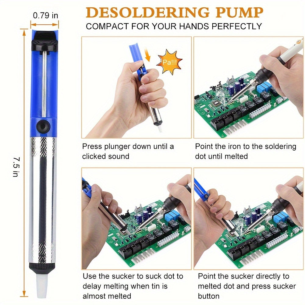 60W Adjustable Temperature Soldering Iron Kit with 15pcs set, Desoldering Pump, Ceramic Heating Element, Electric Solder Station for DIY & Repair, in Red/Blue/Black color scheme.