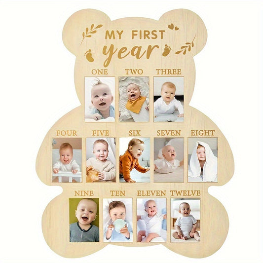 Wooden First Year Milestone Photo Frame with Polished Finish - Vertical Bear-Shaped Keepsake Poster Frame for Nursery Decor and Living Room Calendar - Sweet First Birthday Memory Gift for Ages 14+ - Arrival Party - 1pc