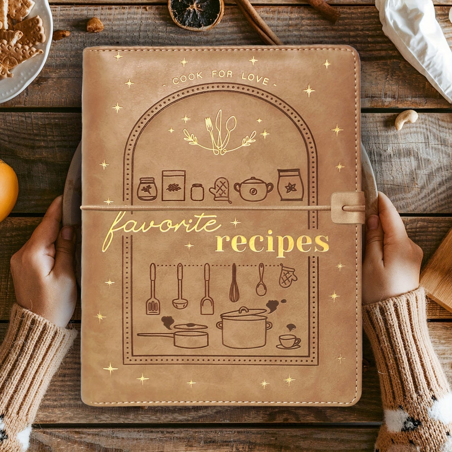 Stylish Brown Leatherette Recipe Book - 194 Blank Pages, Water-Resistant Kitchen Binder for Cooking Enthusiasts, 17.78cm x 9.5" dimensions