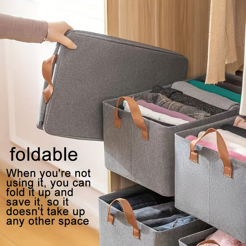 Fabric storage box that folds easily, featuring a sturdy steel frame and a polyester blend drawer organizer for storing clothes and pants in your home wardrobe.