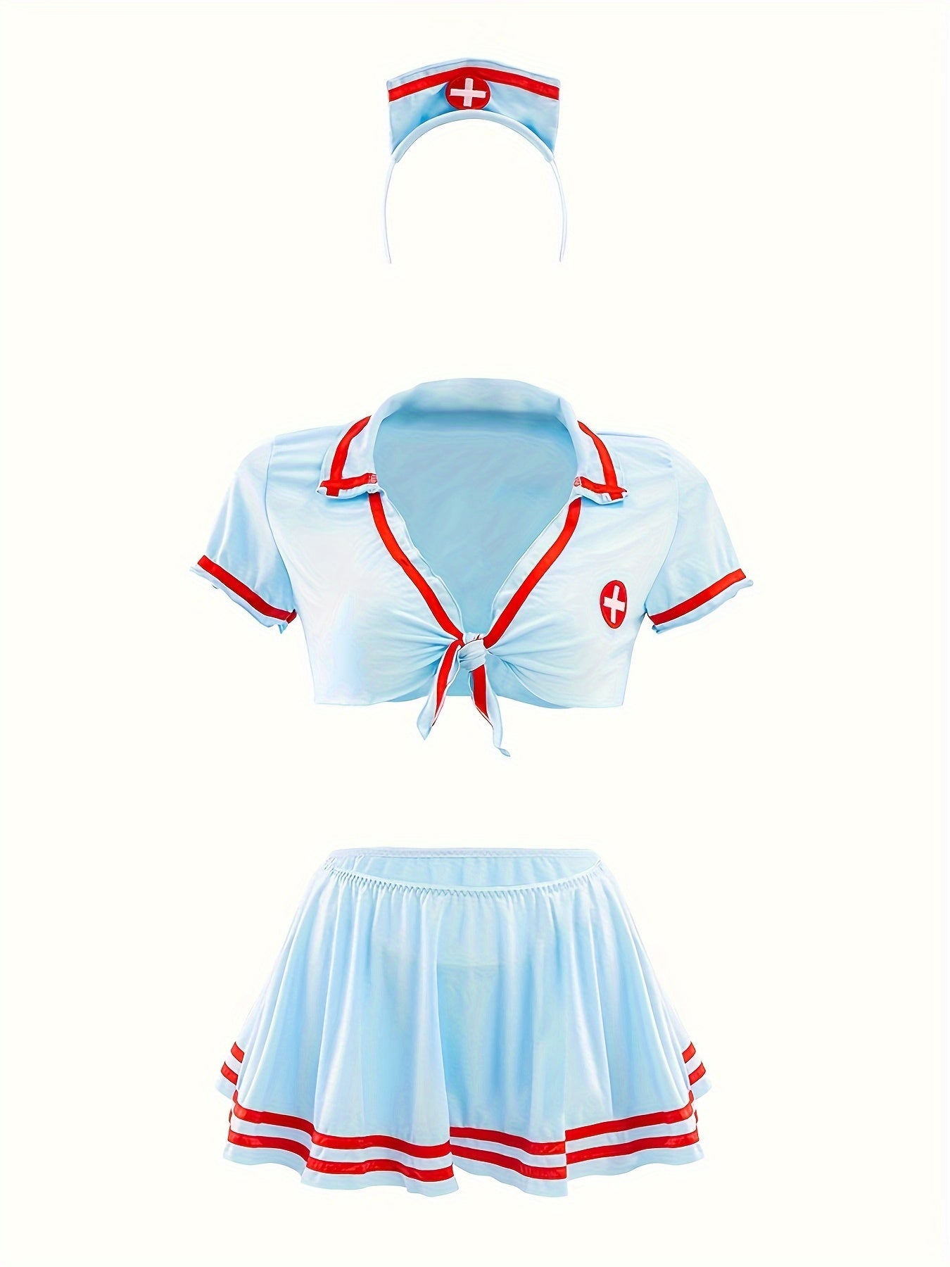 Women's sexy nurse costume with hat, top, underwear, and skirt.