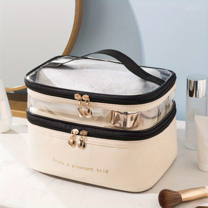 Stylish and practical travel makeup bag with double layers, made of waterproof PU material, featuring a transparent wash bag and large storage capacity.