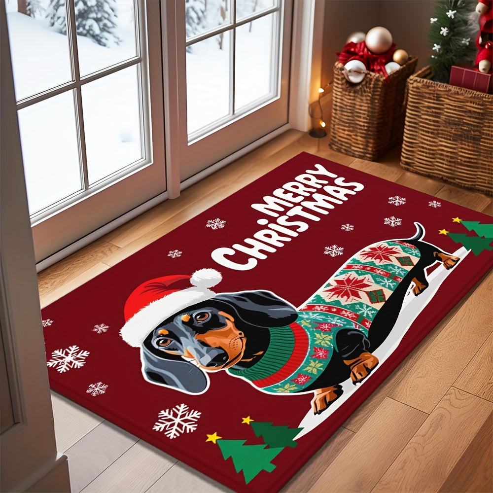 Welcoming Christmas Dachshund Doormat - Non-Slip, Easy-Clean Polyester Mat with Rubber Backing, Lightweight & Durable, Braided Rectangle Floor Mat for Home, Bathroom, Balcony - Festive Dog in Santa Hat for Holiday Decor