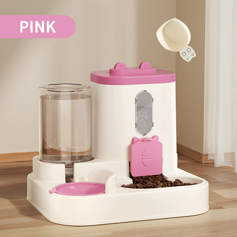 Fully automatic cat food and water dispenser in one, with a cute design.