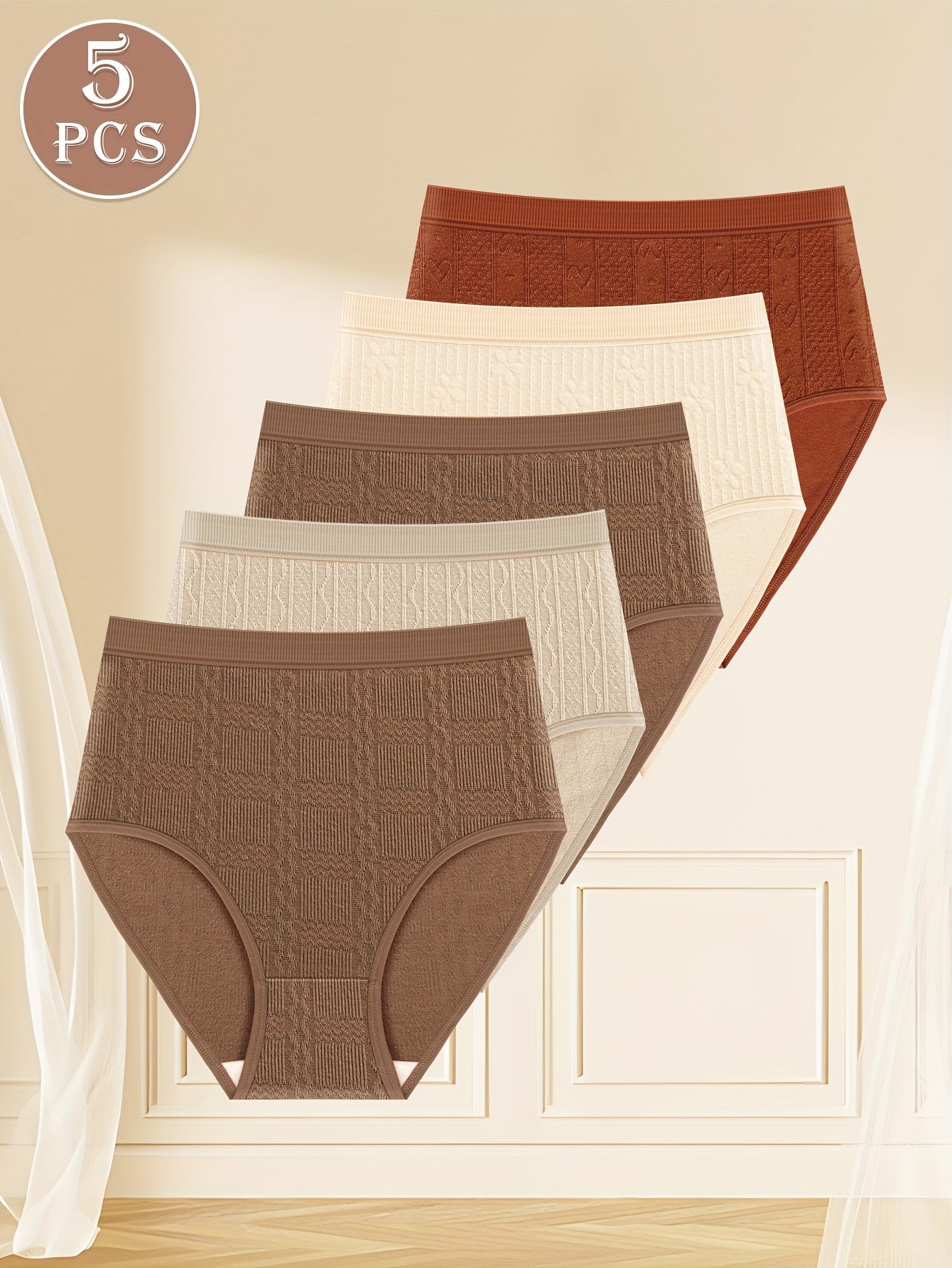 5 elegant high-waist women's briefs with jacquard design - comfortable, stylish, and breathable polyester blend.